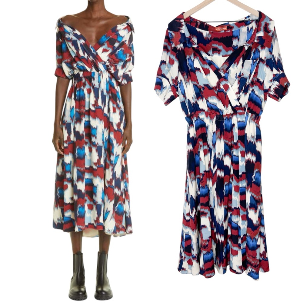 Altuzarra Lydia Dress Roselle Multi Ikat Print Midi Italian Silk size 44 / US 12